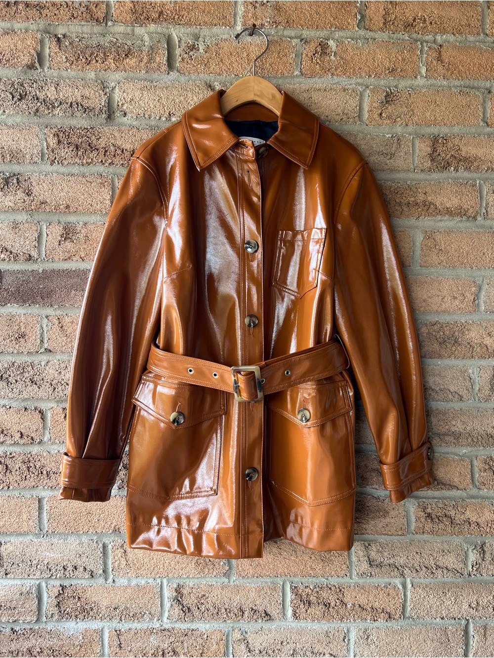 TOPSHOP Casey Glossy Faux Leather Belted Jacket Cognac Brown Patent Trench US 6